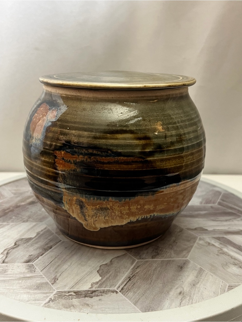 Vintage Studio Pottery Lidded Jar Bowl Earth Tone Glaze Rustic Decor 7in